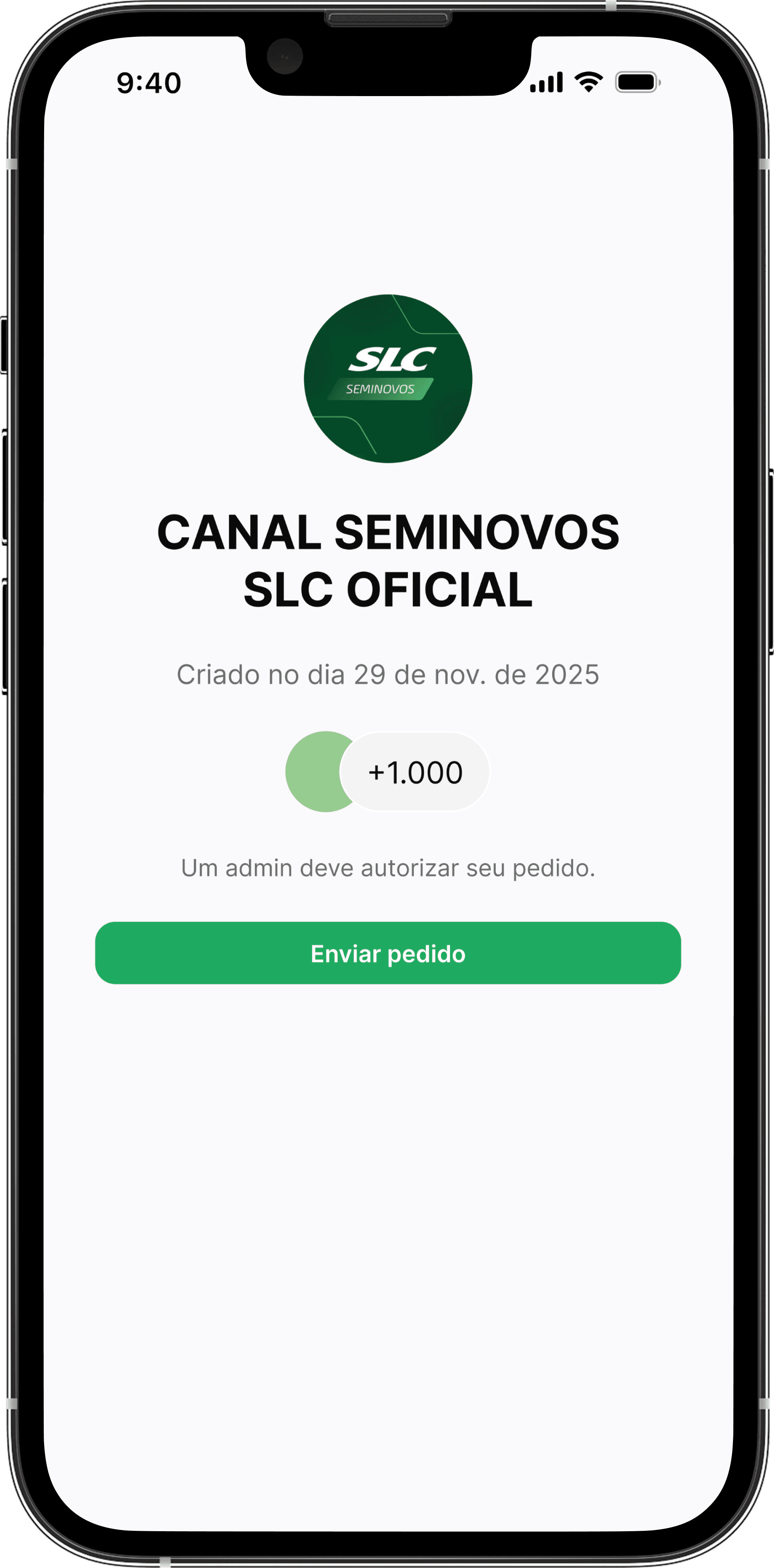 Mockup do grupo de WhatsApp SLC Seminovos no celular
